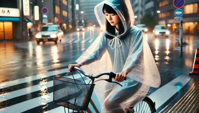 雨の日に自転車通勤をする女性